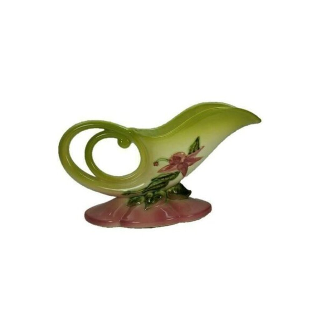 Hull Pottery W10 Cornucopia Double Handle Woodland Chartreuse Pink Glossy Glaze‎